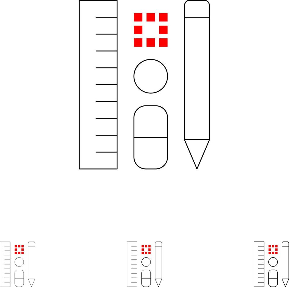 Stift Bleistift Skala Bildung Fett und dünne schwarze Linie Symbolsatz vektor