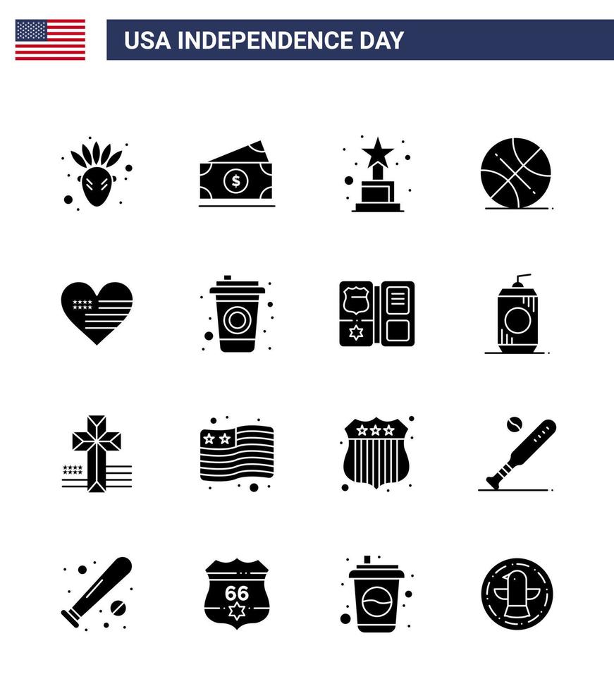 gruppe von 16 soliden glyphen, die für den unabhängigkeitstag der vereinigten staaten von amerika festgelegt wurden, wie flag love award heart sports editable usa day vector design elements