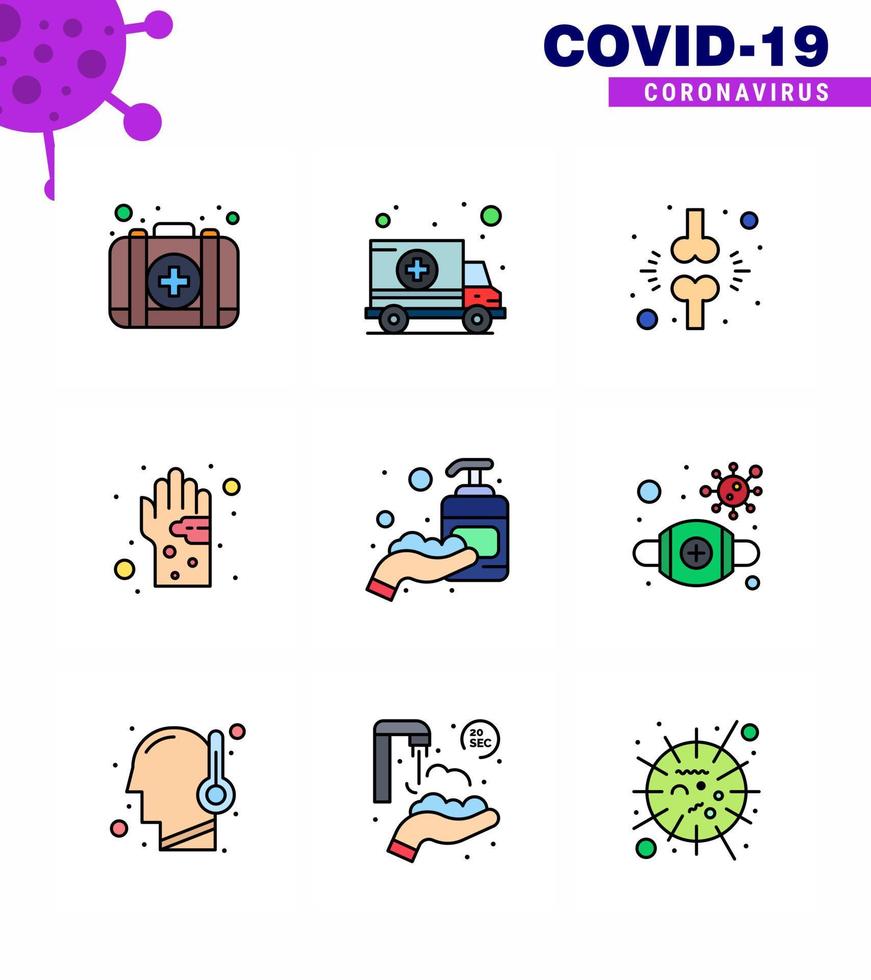 9 gefüllte Linien flache Farbe Coronavirus covid19 Icon Pack wie Hygiene Keim Knochen schmutziger Patient virales Coronavirus 2019nov Krankheitsvektor Designelemente vektor