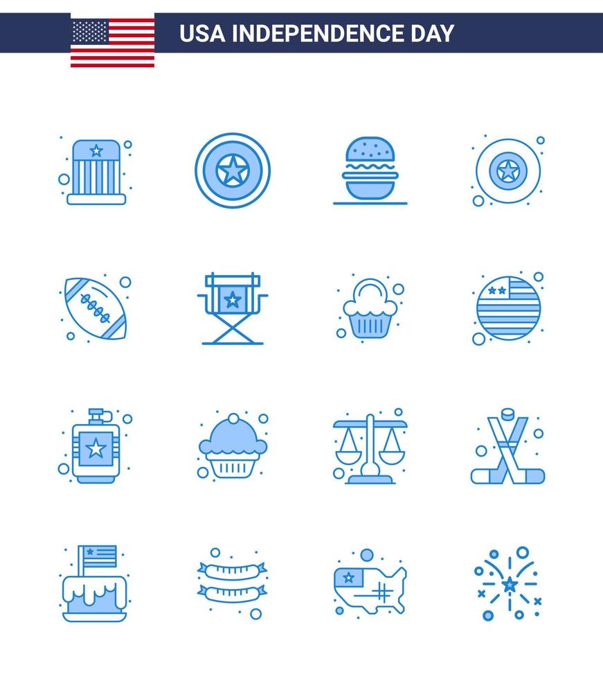 Happy Independence Day Pack mit 16 Blues-Zeichen und Symbolen für Sportball-Burger-Sternabzeichen editierbare usa-Tag-Vektordesign-Elemente vektor