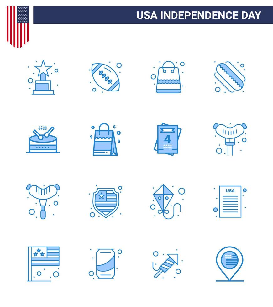 16 kreative usa-ikonen moderne unabhängigkeitszeichen und 4. juli symbole der parade instrument geld trommel hotdog editierbare usa tag vektor design elemente