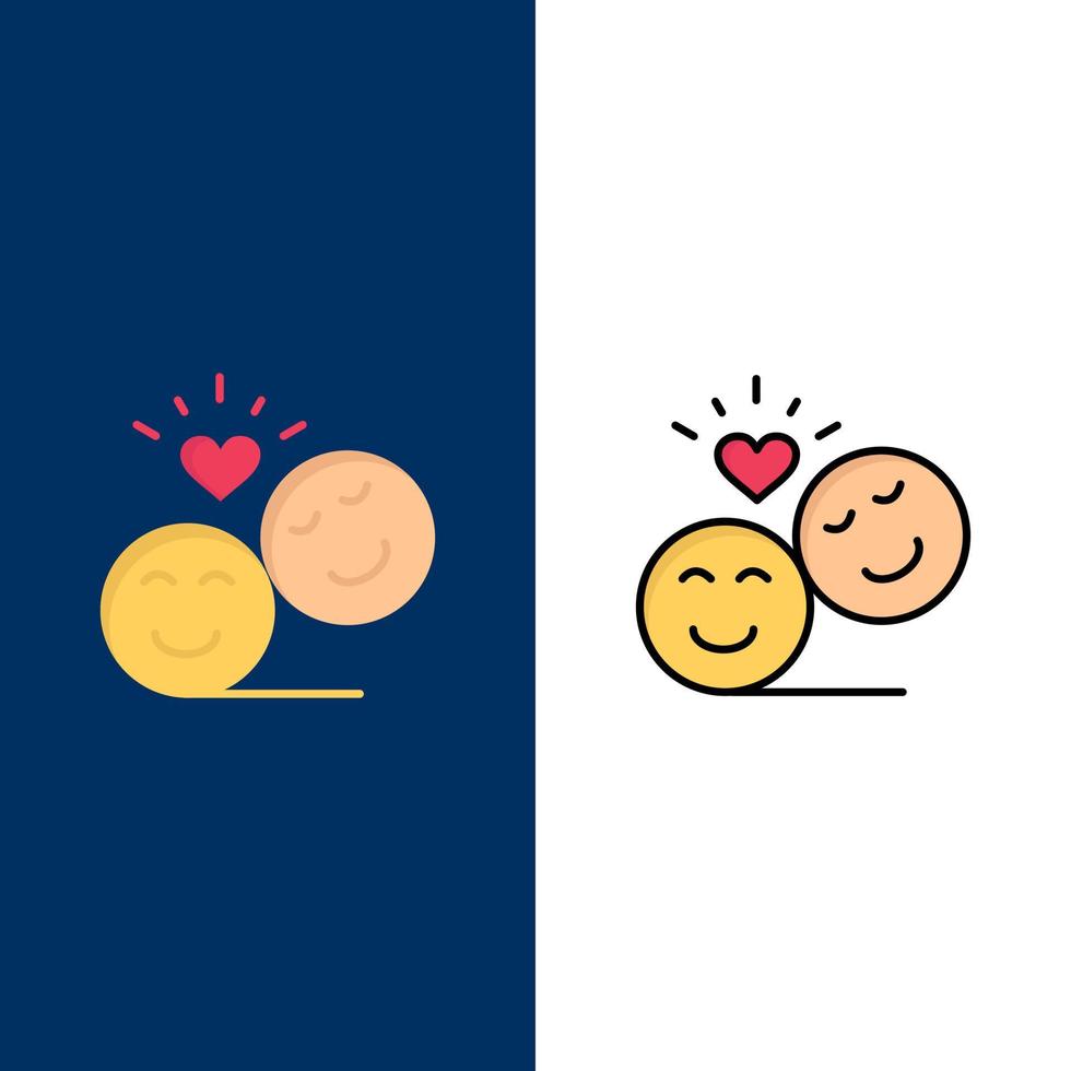 Paar Avatar Smiley Gesichter Emojis Valentinstag Symbole flach und Linie gefüllt Symbolsatz Vektor blauen Hintergrund