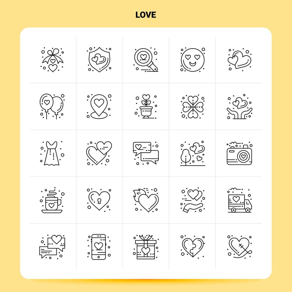 Umriss 25 Liebe Symbolsatz Vektor Linienstil Design schwarze Symbole Set lineare Piktogrammpaket Web und mobile Geschäftsideen Design Vektorillustration