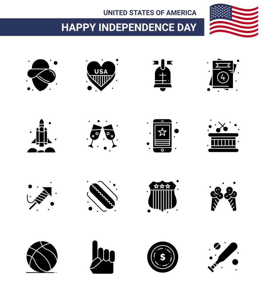 Happy Independence Day Pack mit 16 soliden Glyphen Zeichen und Symbolen für Raumschiff Launcher Ring Hochzeit Liebe editierbare Usa Day Vektor Design Elemente