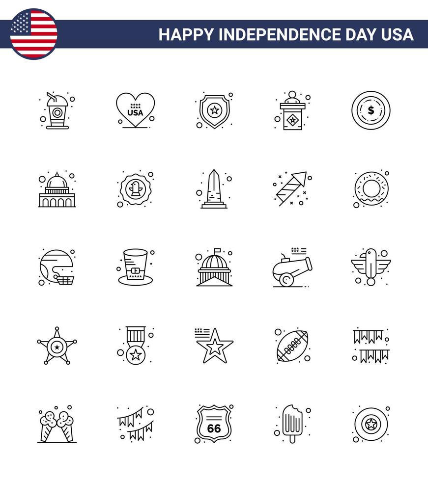 25 linje tecken för USA oberoende dag dollar tecken skydda skede USA redigerbar USA dag vektor design element