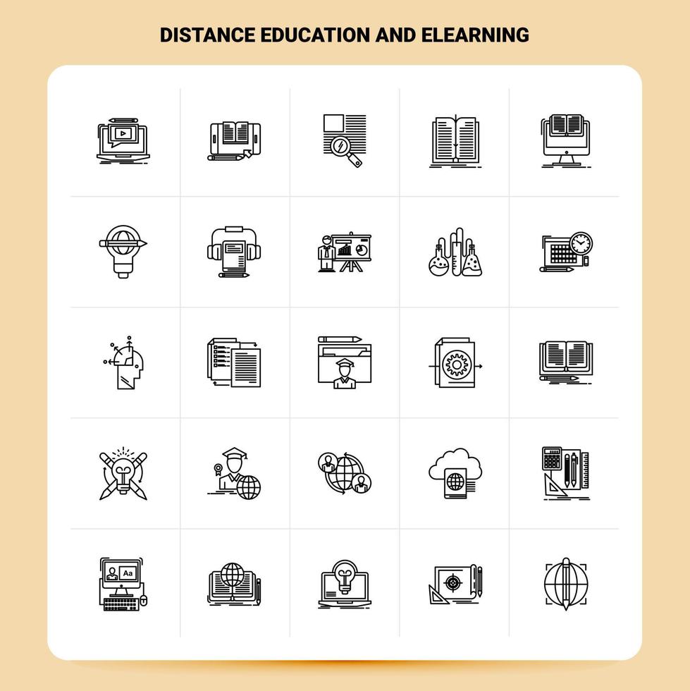 Umriss 25 Fernunterricht und E-Learning Icon Set Vektor Linienstil Design schwarze Icons Set lineares Piktogrammpaket Web und mobile Geschäftsideen entwerfen Vektorillustration