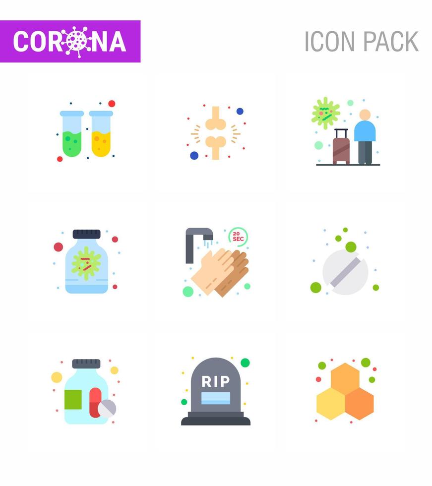 Corona-Virus-Prävention covid19 Tipps zur Vermeidung von Verletzungen 9 flaches Farbsymbol für Präsentationsflaschenkapsel Patienten-Antivirus-Reise virales Coronavirus 2019nov-Krankheitsvektor-Designelemente vektor