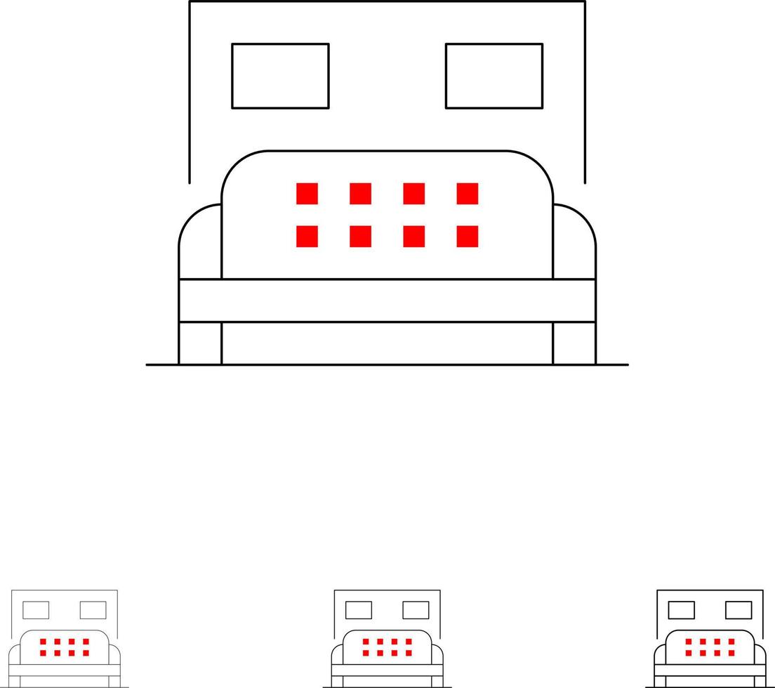 Hotelbett-Schlafzimmer-Service Fett und dünne schwarze Linie Symbolsatz vektor