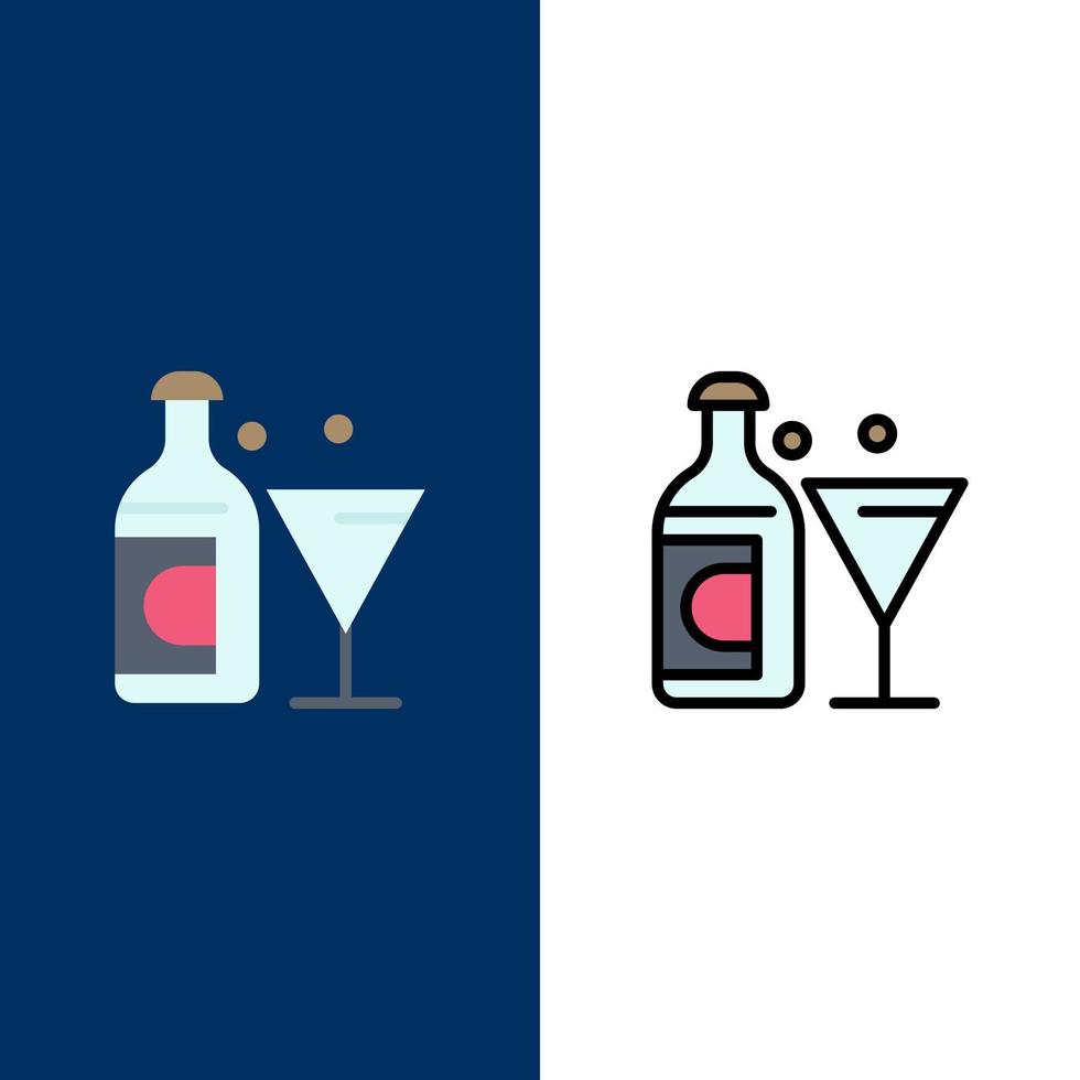 vin glas flaska påsk ikoner platt och linje fylld ikon uppsättning vektor blå bakgrund