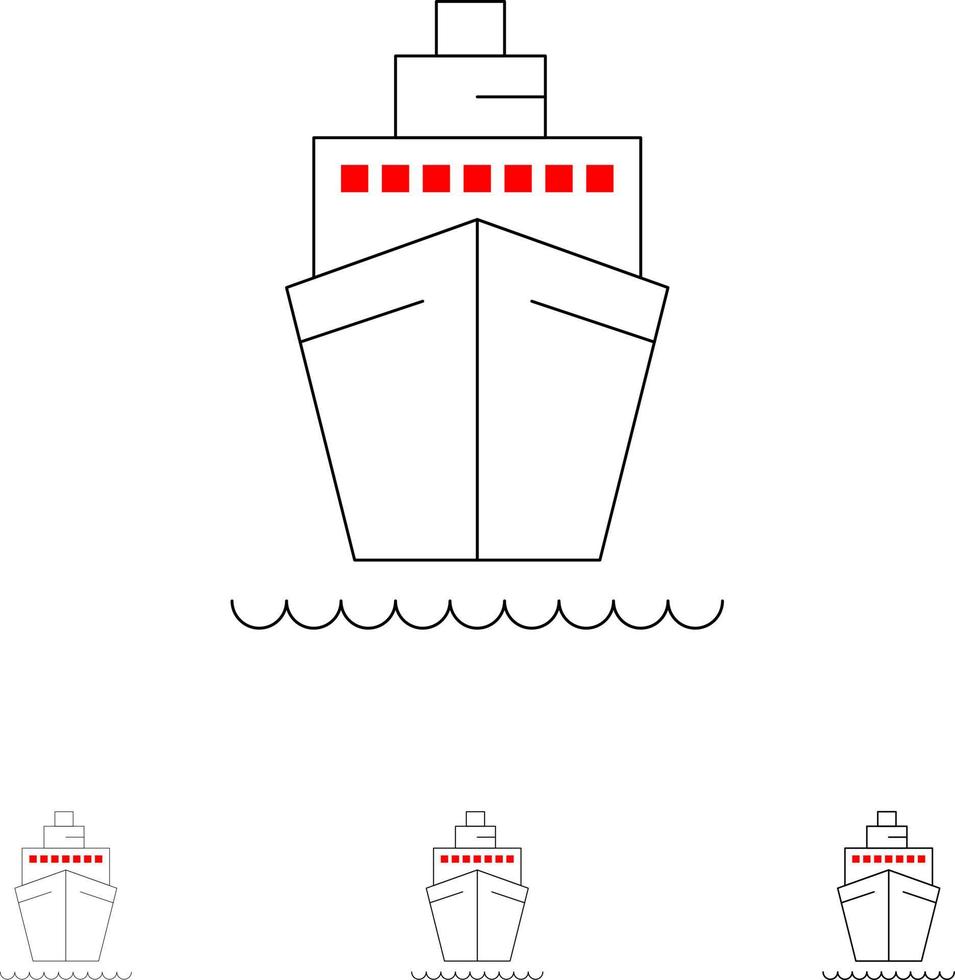 båt fartyg transport fartyg djärv och tunn svart linje ikon uppsättning vektor