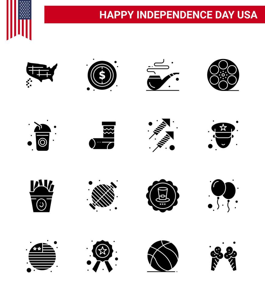 Usa Happy Independence Day Piktogrammsatz von 16 einfachen soliden Glyphen von Trinkflaschenpfeife American Play editierbare Usa Day Vektordesign-Elemente vektor
