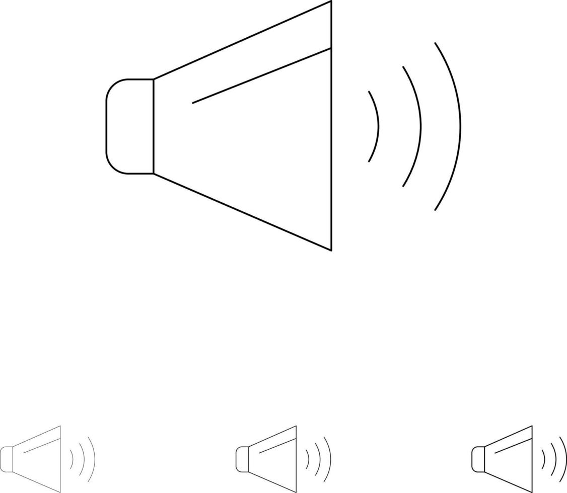 ljud högtalare volym på djärv och tunn svart linje ikon uppsättning vektor