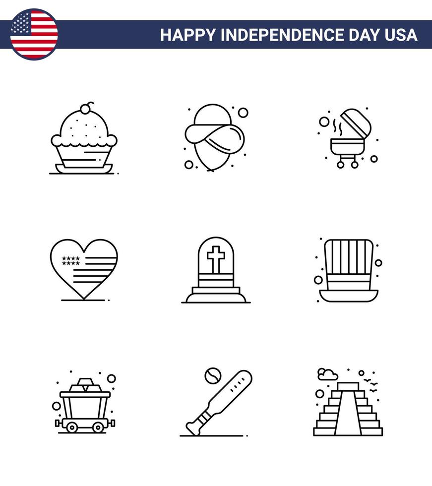 USA oberoende dag linje uppsättning av 9 USA piktogram av gravsten död utegrill flagga kärlek redigerbar USA dag vektor design element