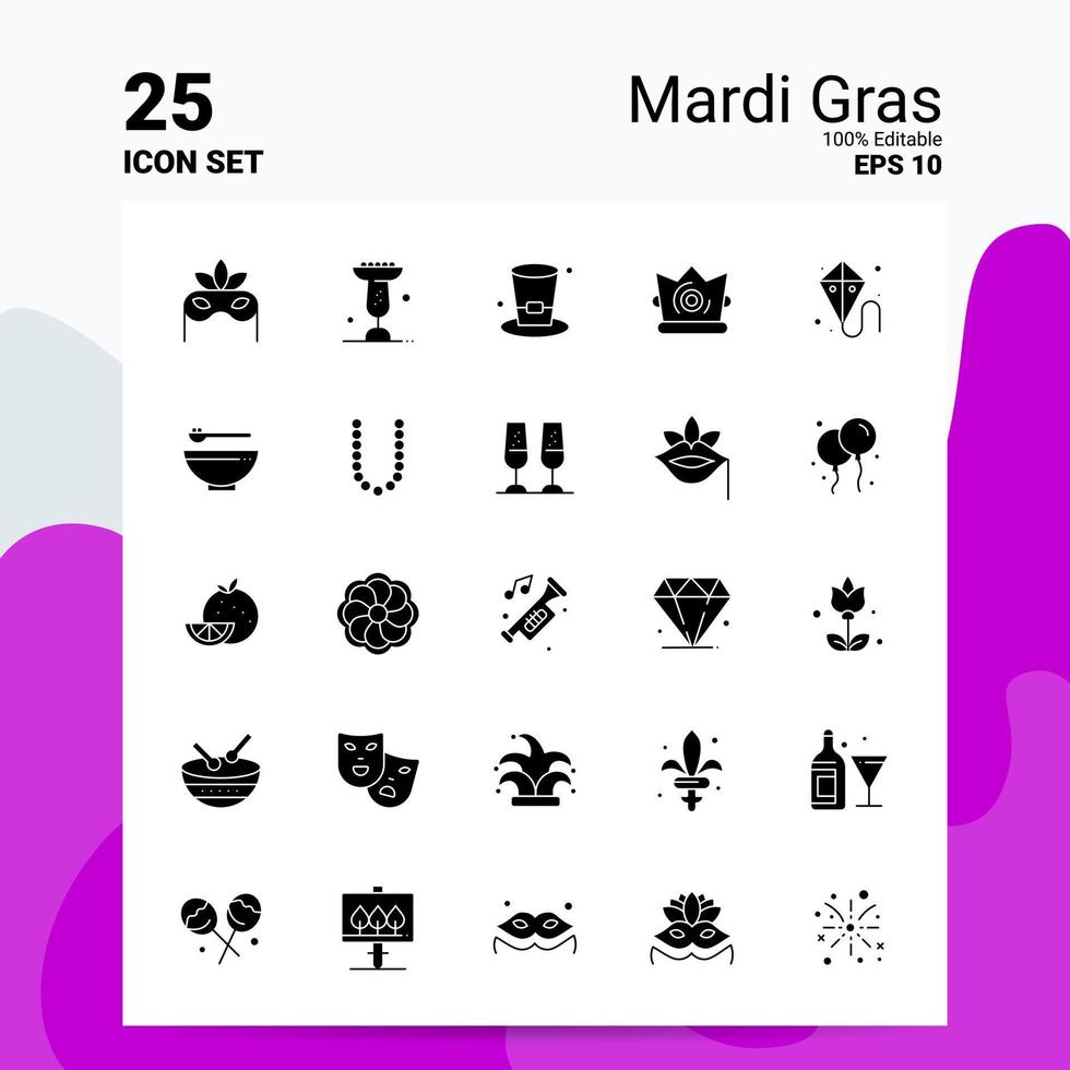 25 Mardi Gras Icon Set 100 bearbeitbare Eps 10 Dateien Business Logo Konzept Ideen solides Glyph Icon Design vektor