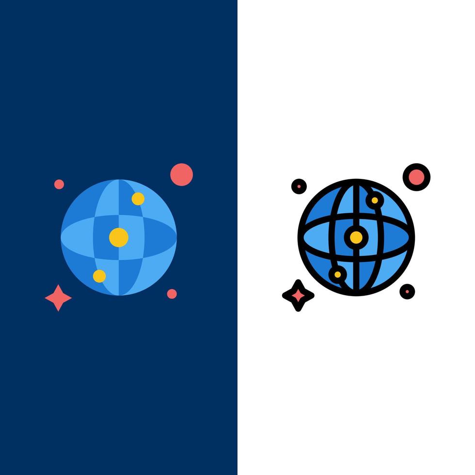 Weltkarte Netzwerk Symbole flach und Linie gefüllt Symbolsatz Vektor blauen Hintergrund