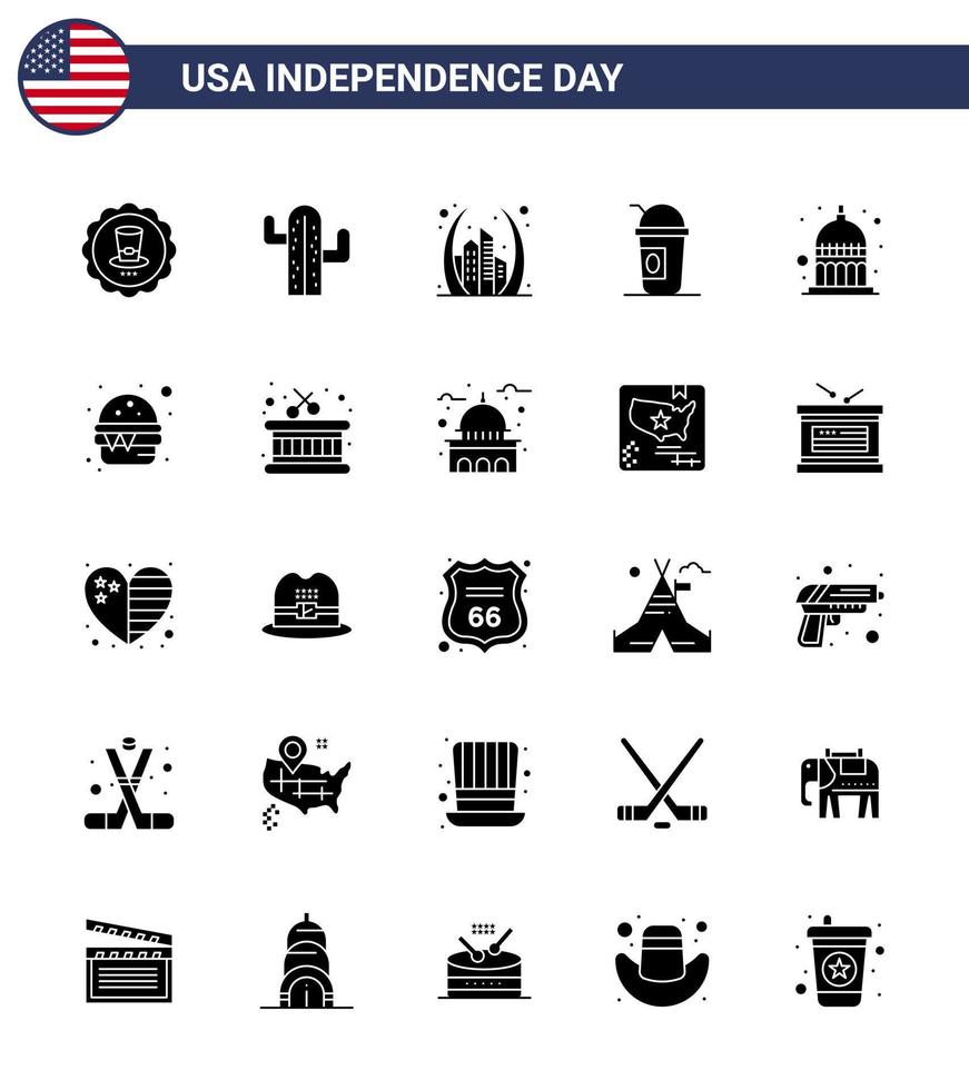 Lycklig oberoende dag USA packa av 25 kreativ fast glyf av indiana limonade båge amerikan USA redigerbar USA dag vektor design element