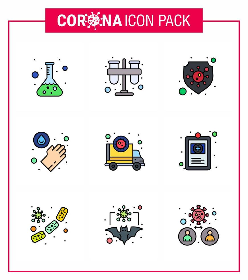 9 gefüllte Linien flache Farbe virales Virus Corona Icon Pack wie Corona Waschröhrchen medizinisches Virus virales Coronavirus 2019nov Krankheitsvektor Designelemente vektor