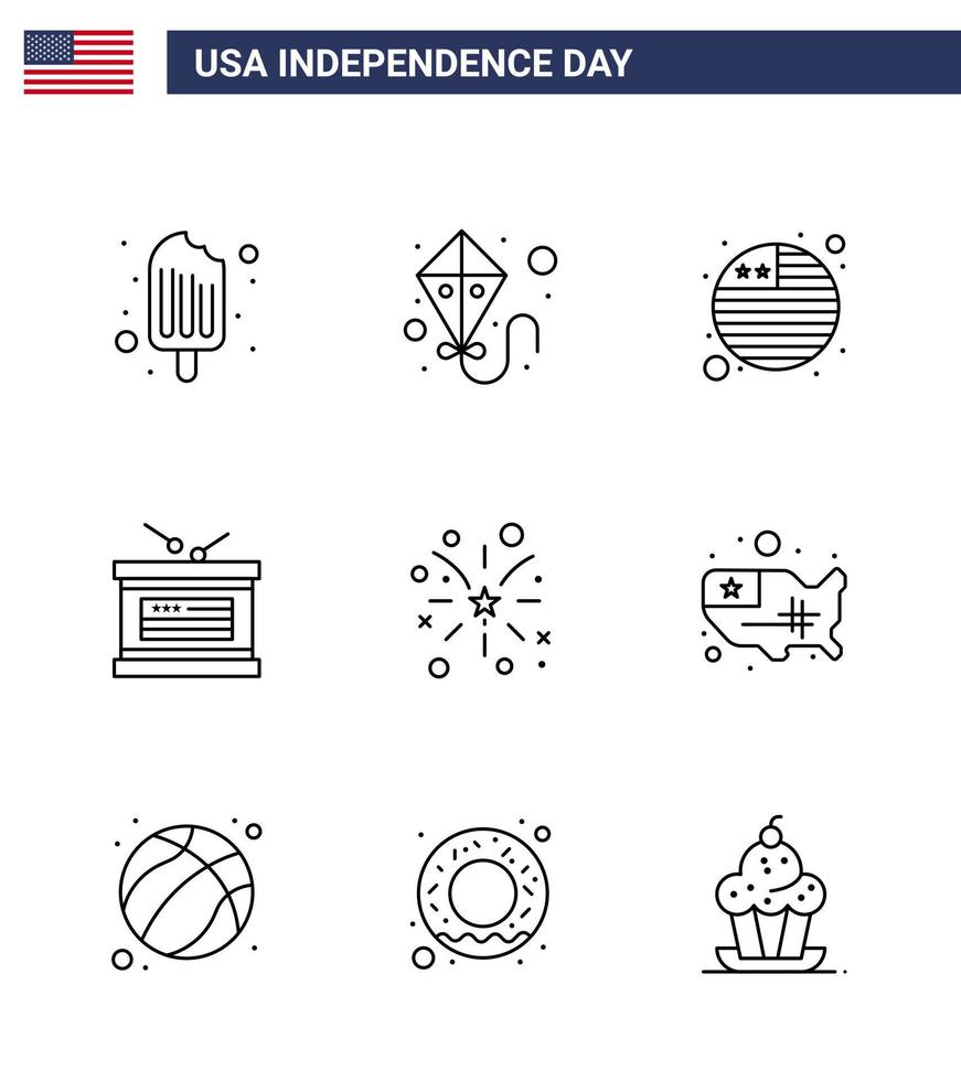 linje packa av 9 USA oberoende dag symboler av USA brand flagga fyrverkeri oberoende redigerbar USA dag vektor design element