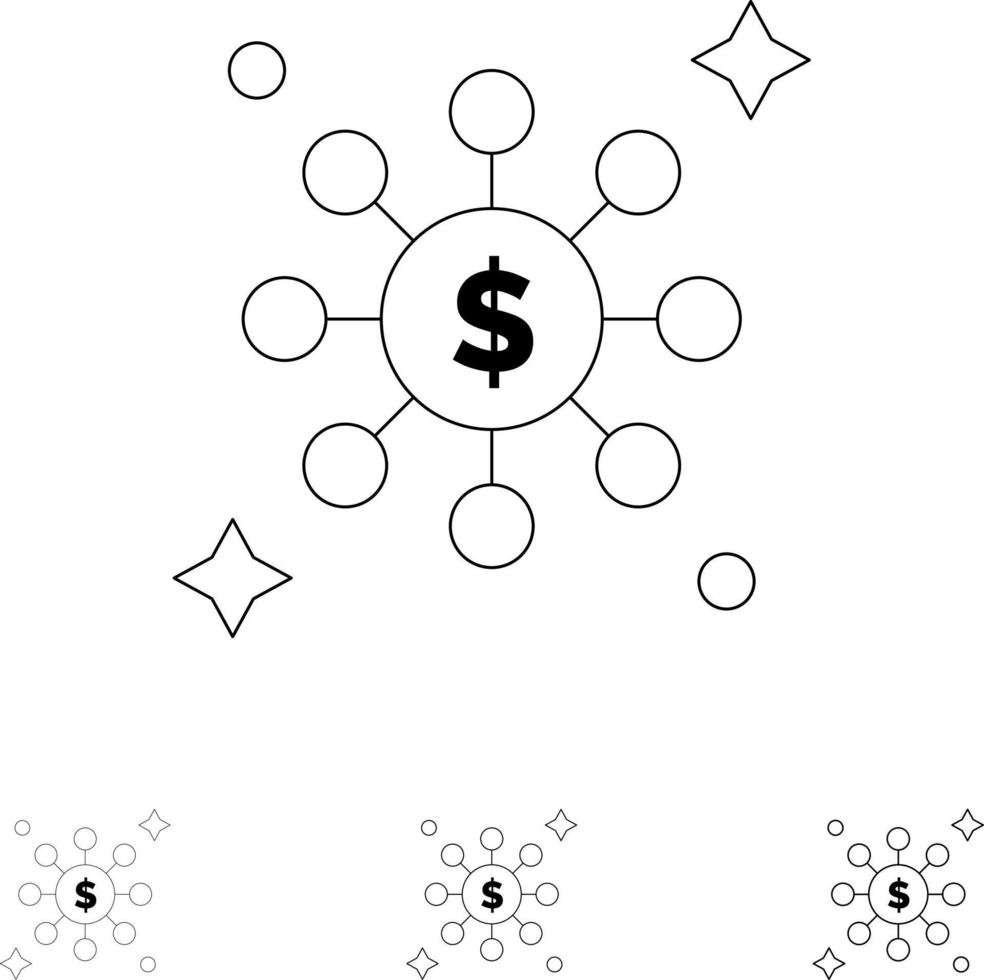dollar dela med sig nätverk djärv och tunn svart linje ikon uppsättning vektor