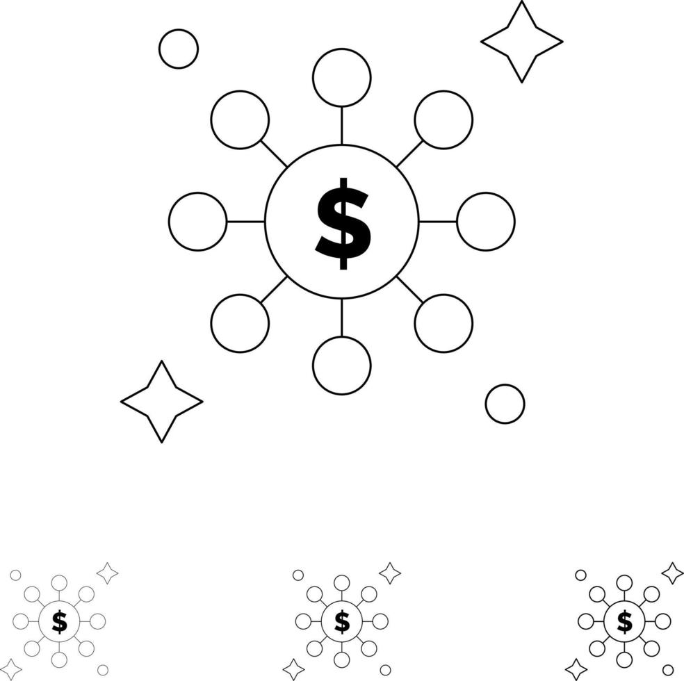Dollar Share Network Fett und dünne schwarze Linie Symbolsatz vektor