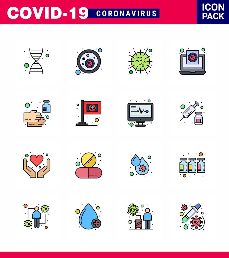 16 flache, farbig gefüllte Linien Coronavirus-Epidemie-Icon-Pack saugen als Reinigungsbericht Influenza medizinisches Coronavirus virales Coronavirus 2019nov-Krankheitsvektor-Designelemente vektor