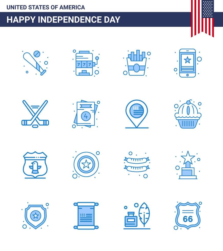 Aktienvektor-Icon-Pack mit amerikanischen Tag 16-Zeilenzeichen und Symbolen für Hokey-Handyspiel Smartphone-Zelle editierbare Usa-Tag-Vektor-Designelemente vektor