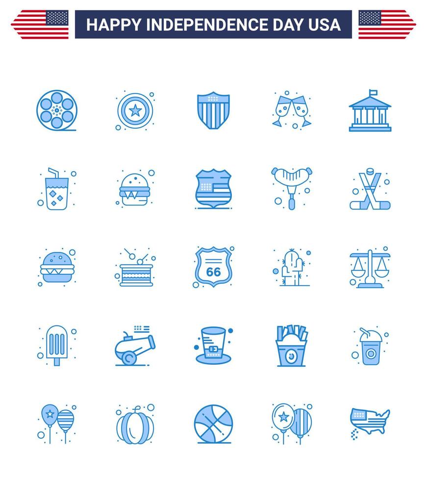 Happy Independence Day Pack mit 25 Blues-Zeichen und Symbolen für Usa-Flaggen-Schild-Bank-Wein editierbare Usa-Tag-Vektordesign-Elemente vektor