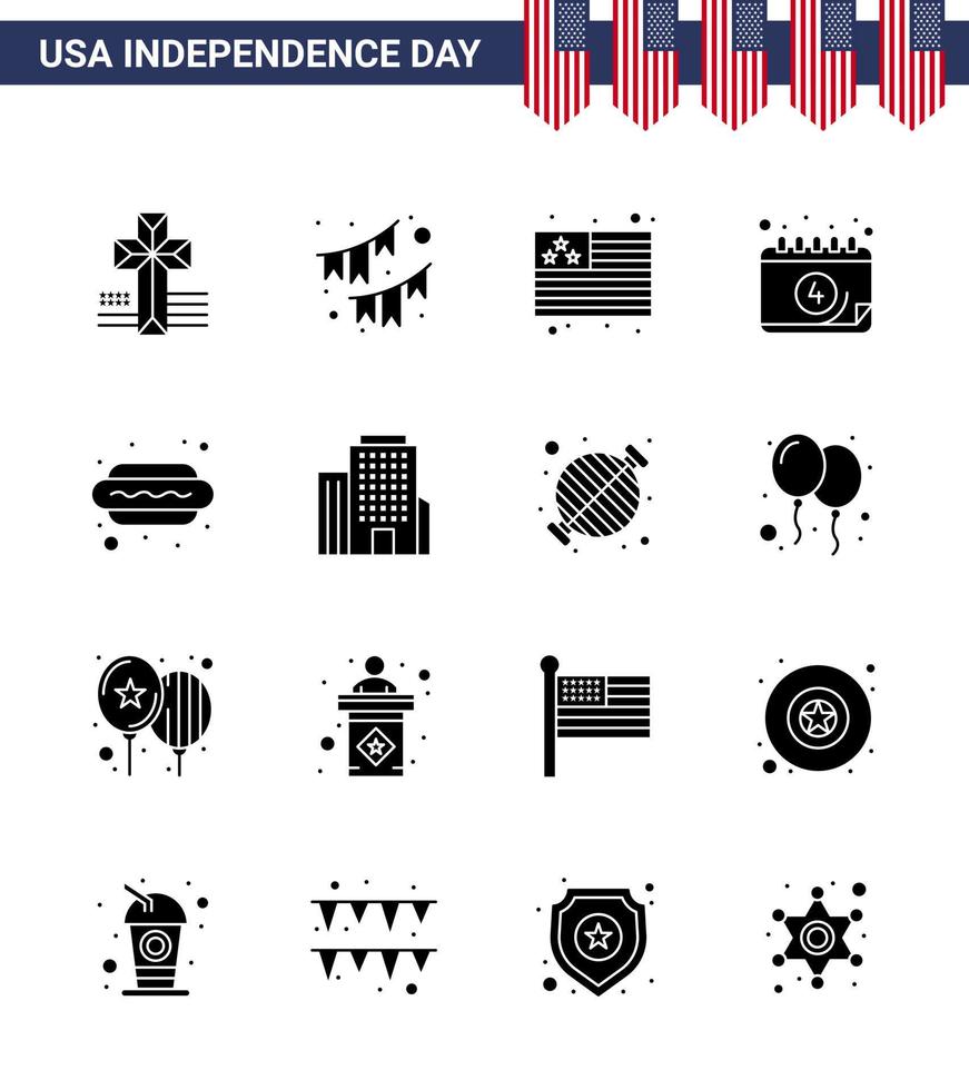 Packung mit 16 kreativen USA-Unabhängigkeitstag-bezogenen soliden Glyphen von Lebensmittel-Hot-Dog-Landtag-Kalender editierbare USA-Tag-Vektordesign-Elemente vektor
