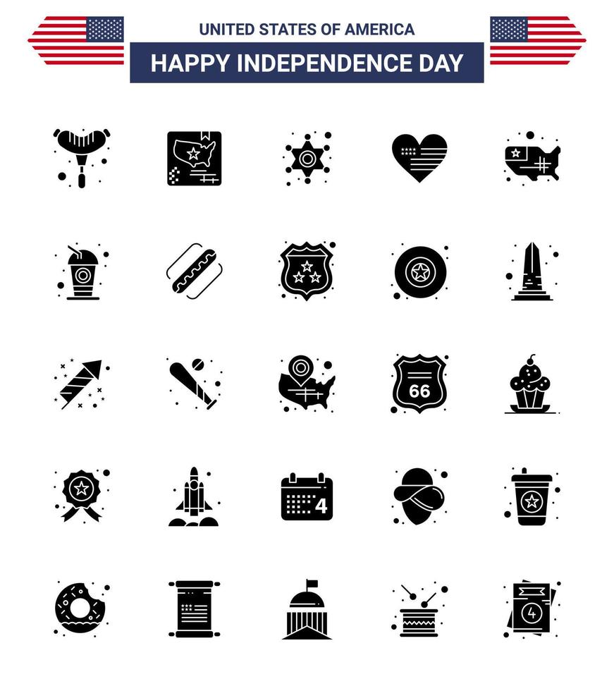 glücklicher unabhängigkeitstag 4. juli satz von 25 festen glyphen amerikanischen piktogrammen der vereinigten karte polizeiflagge liebe editierbare usa tag vektor design elemente