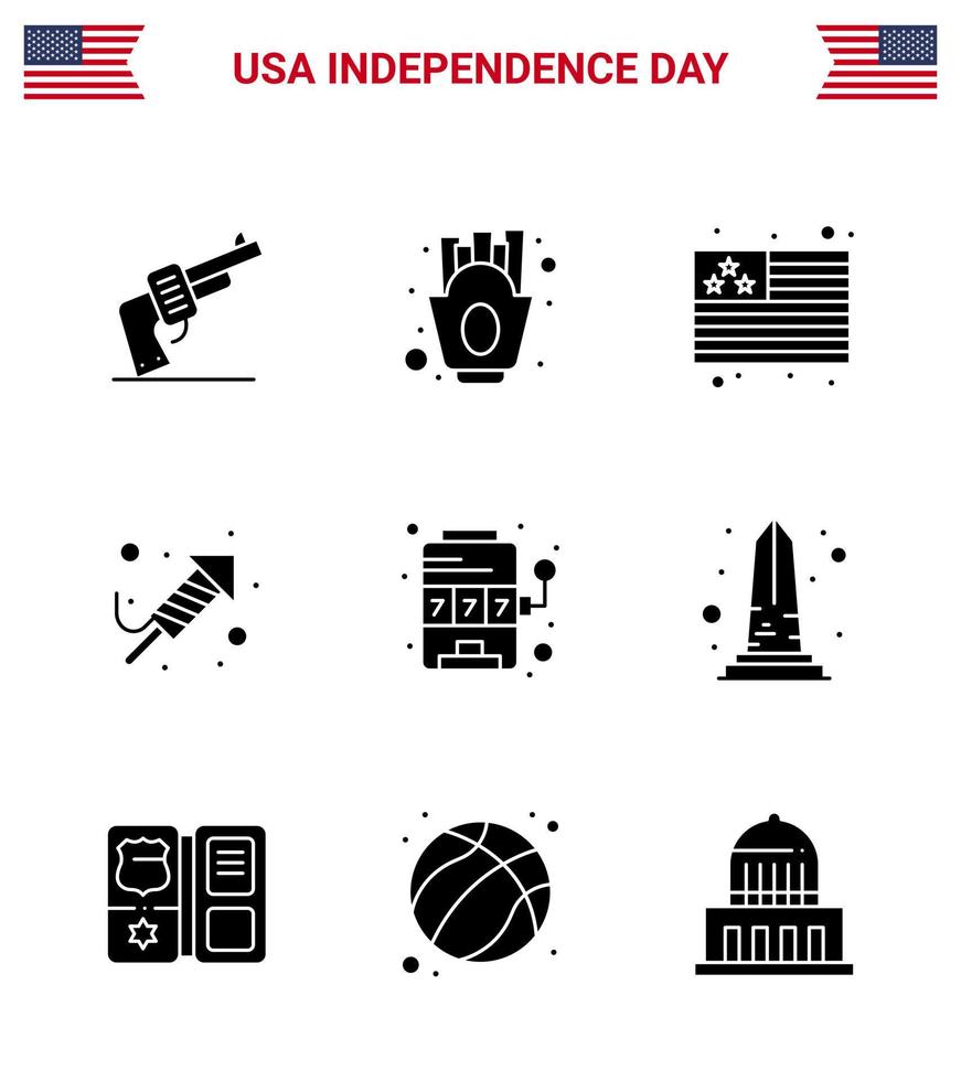 Usa Happy Independence Day Piktogrammsatz von 9 einfachen soliden Glyphen von Slot Casino Country Day Religion editierbare Usa Day Vektordesign-Elemente vektor