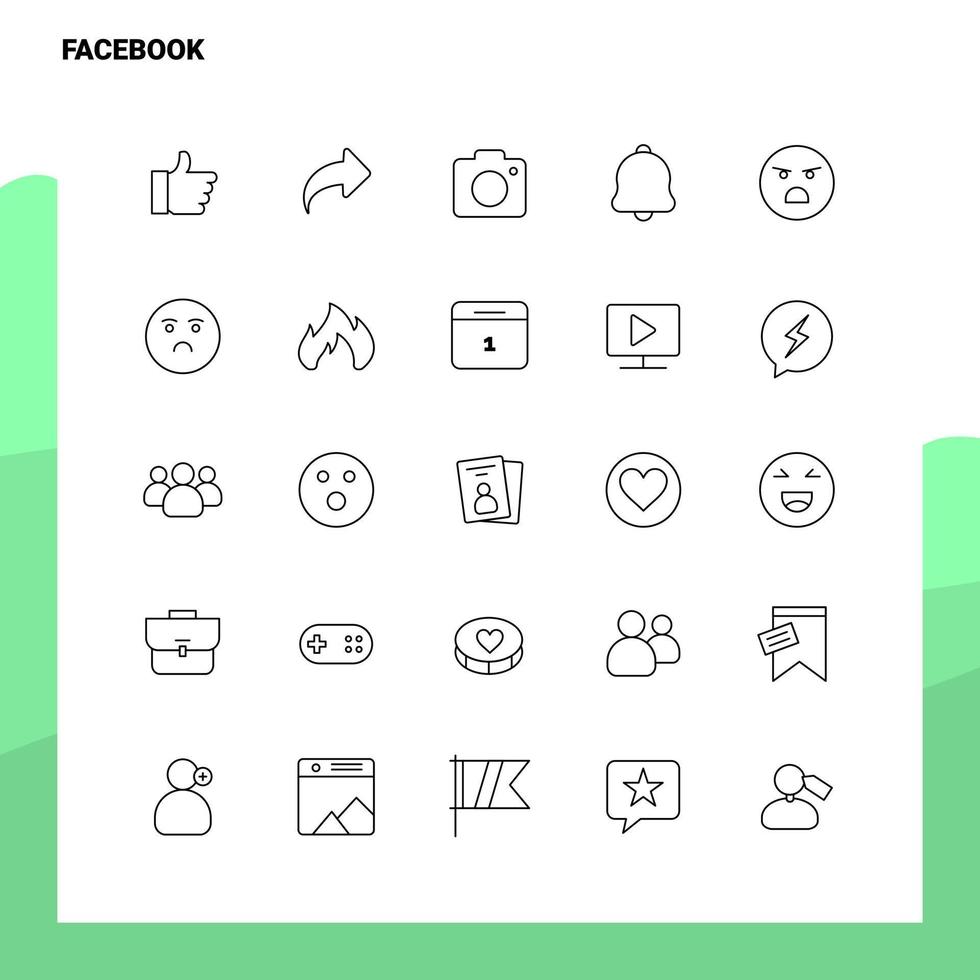 Satz von Facebook-Liniensymbolen Set 25 Symbole Vektor-Minimalismus-Stildesign Schwarze Symbole setzen lineares Piktogrammpaket vektor