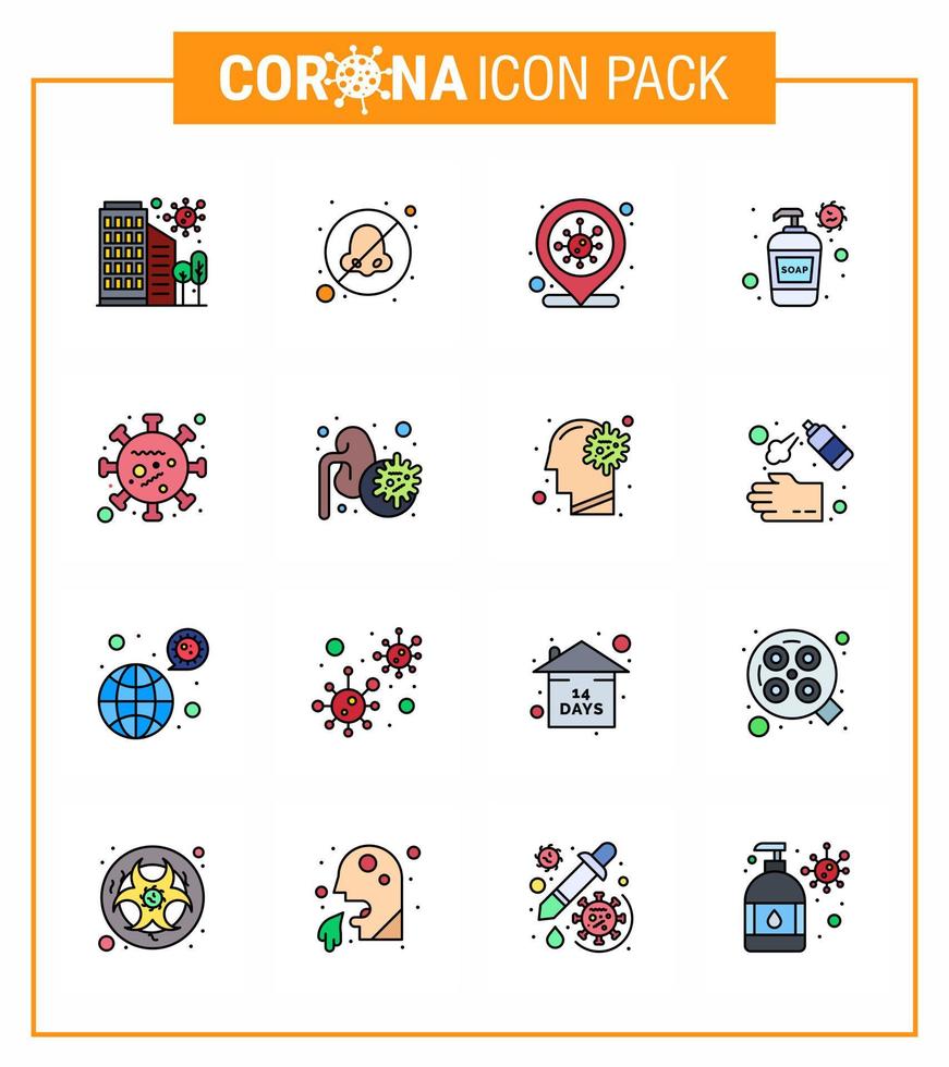 neuartiges coronavirus 2019ncov 16 flache farbe gefüllte linie icon pack handwaschcreme hNO-arzt flasche covid virales coronavirus 2019nov krankheit vektordesignelemente vektor