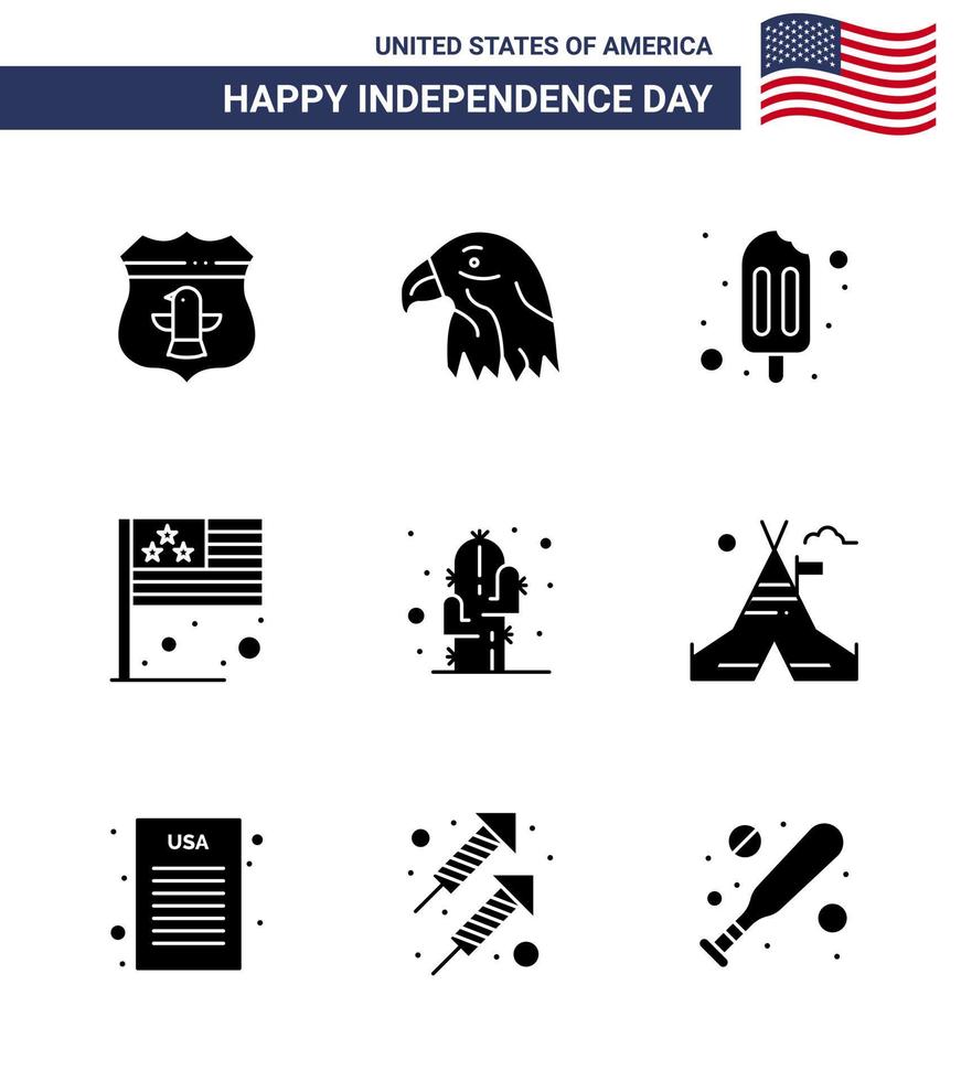 Packung mit 9 kreativen USA-Unabhängigkeitstag-bezogenen soliden Glyphen von Pflanzenkaktus-Eiscreme USA-Land editierbare USA-Tag-Vektordesign-Elemente vektor