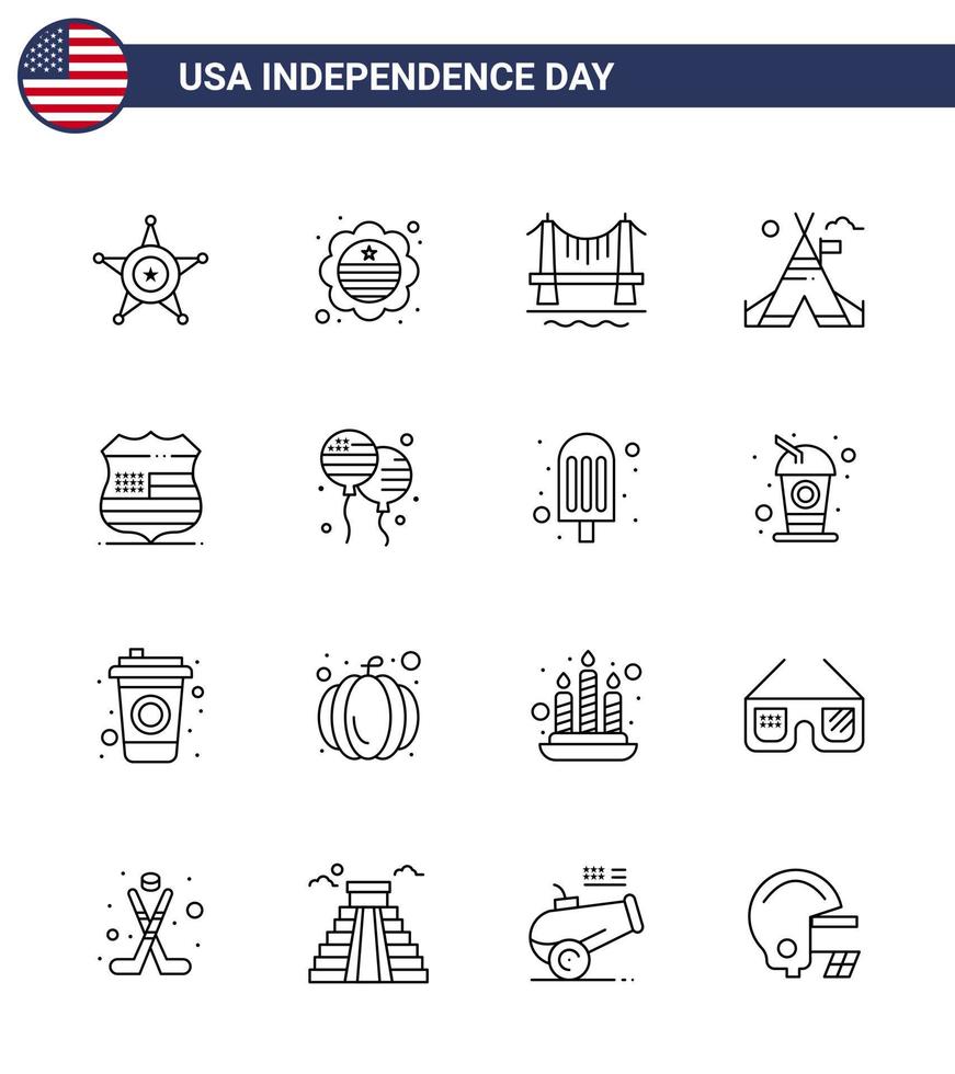 USA oberoende dag linje uppsättning av 16 USA piktogram av tecken amerikan bro läger tält fri redigerbar USA dag vektor design element