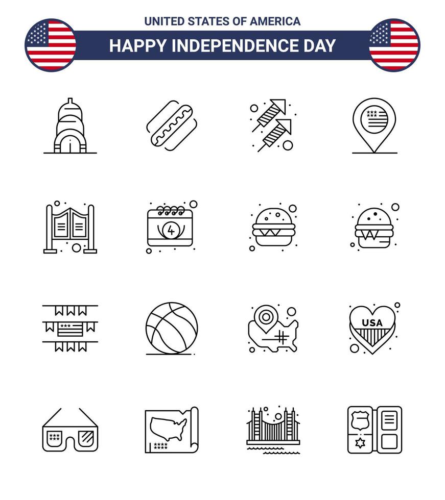 Packung mit 16 US-Unabhängigkeitstag-Feierlinien Zeichen und 4. Juli-Symbolen wie Saloon Door Fire Sign Location Editable Usa Day Vector Design Elements