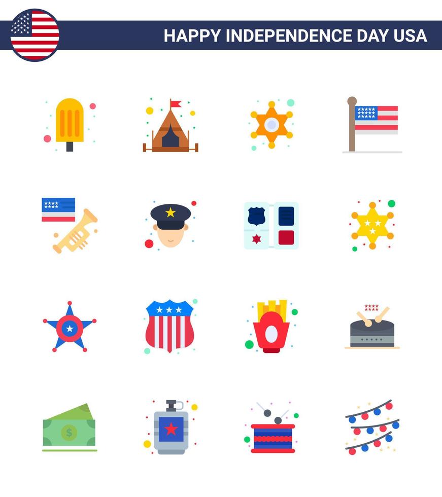 Packung mit 16 kreativen USA-Unabhängigkeitstag-bezogenen Wohnungen der amerikanischen Lautsprecher-Sternflagge vereint editierbare USA-Tag-Vektordesign-Elemente vektor