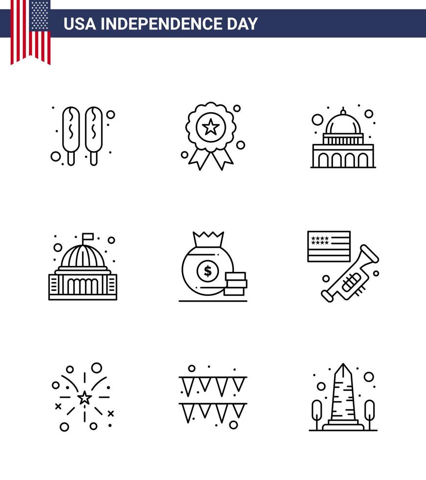 USA Lycklig oberoende dag piktogram uppsättning av 9 enkel rader av väska vit madison landmärke byggnad redigerbar USA dag vektor design element