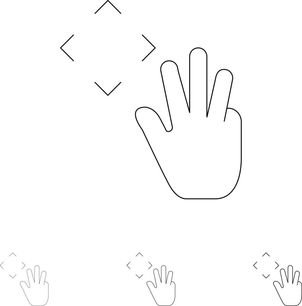 Hand Hand-Cursor nach oben Kruppe Symbolsatz mit fetten und dünnen schwarzen Linien vektor