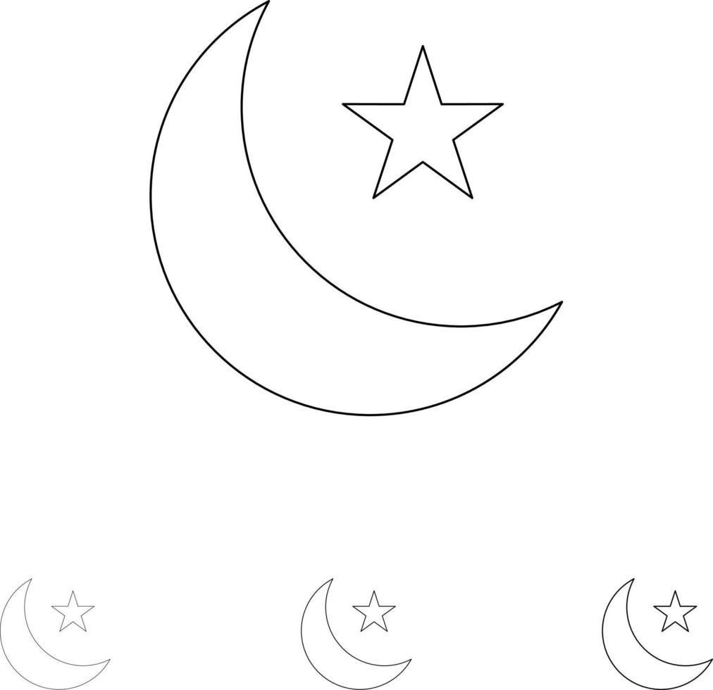 Mond Nacht Stern Nacht Fett und dünne schwarze Linie Symbolsatz vektor