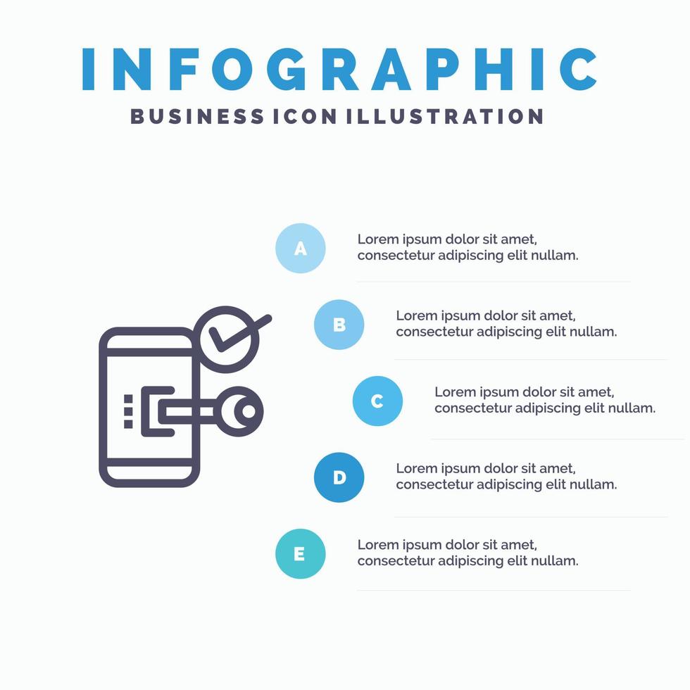 nyckel låsa mobil öppen telefon säkerhet linje ikon med 5 steg presentation infographics bakgrund vektor