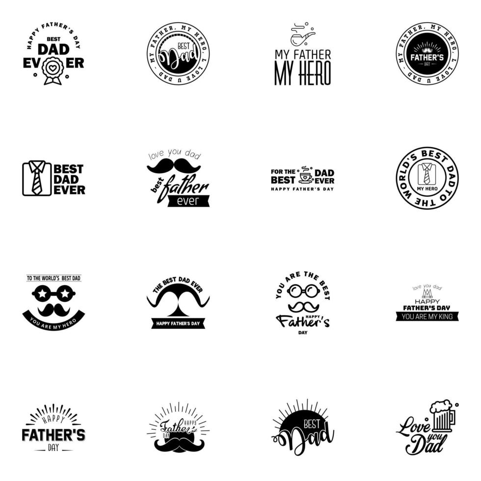 16 svart uppsättning av vektor Lycklig fäder dag typografi årgång ikoner text för hälsning kort banderoller tshirt design fäder dag redigerbar vektor design element