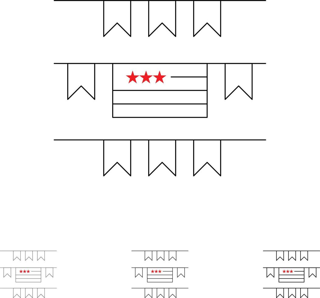 buntings fest dekoration amerikan djärv och tunn svart linje ikon uppsättning vektor