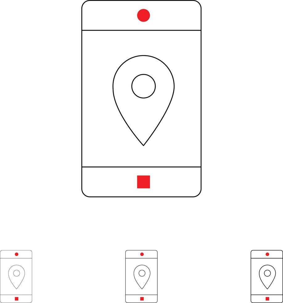 anwendung mobil mobile anwendung lageplan fett und dünne schwarze linie symbolsatz vektor