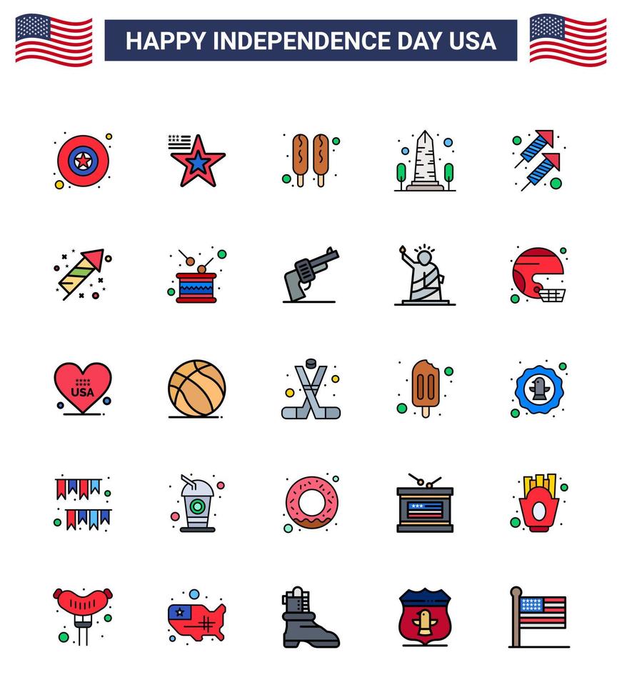 glücklicher unabhängigkeitstag 25 flach gefüllte linien icon pack für web und druck feuerwerk feier hot dog washington sicht editierbare usa tag vektor design elemente