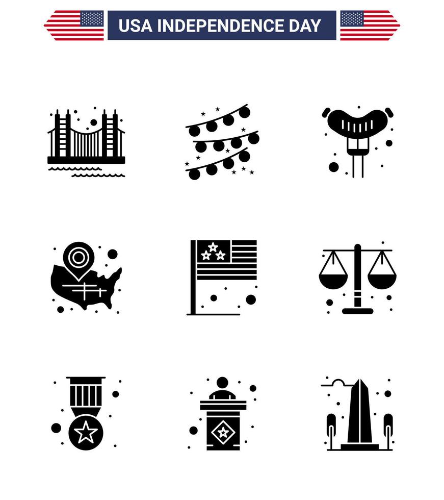 Happy Independence Day Pack mit 9 soliden Glyphen Zeichen und Symbolen für Tag Wisconsin Party Bulb Usa Karte editierbare Usa Day Vektor Design Elemente
