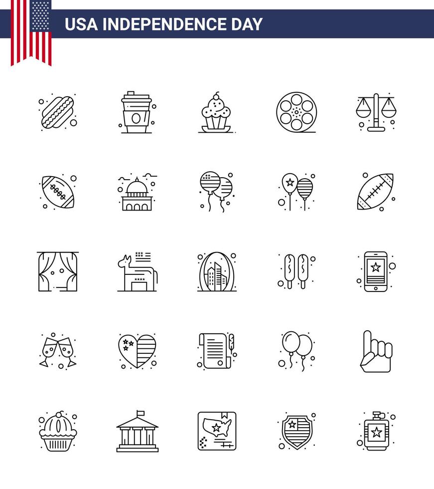 25 USA linje packa av oberoende dag tecken och symboler av rättvisa amerikan efterrätt video movis redigerbar USA dag vektor design element