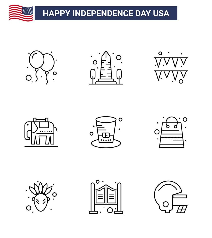 Usa Happy Independence Day Piktogrammsatz aus 9 einfachen Linien von Presidents Day Washington USA Elephent editierbare Usa Day Vektordesign-Elemente vektor