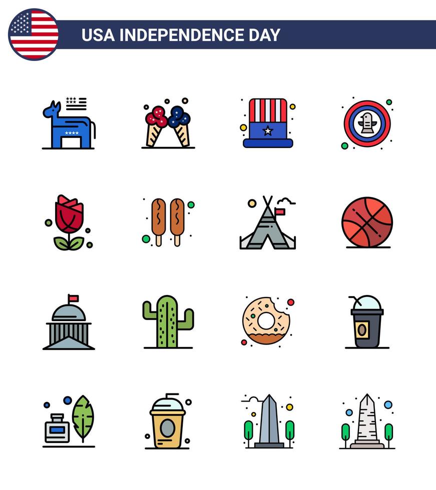 grupp av 16 platt fylld rader uppsättning för oberoende dag av förenad stater av Amerika sådan som blomma Örn amerikan firande amerikan redigerbar USA dag vektor design element