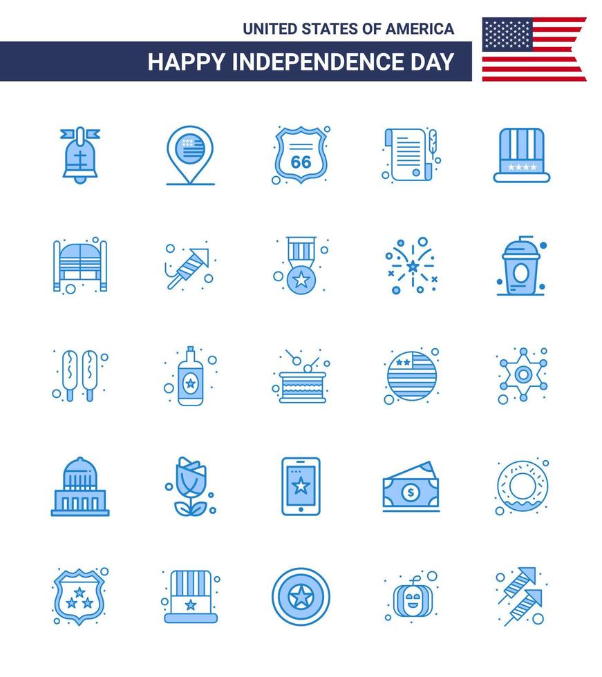 Stock Vector Icon Pack von American Day 25 blauen Zeichen und Symbolen für American Hat Security Day Paper editierbare Usa Day Vektor Design Elemente