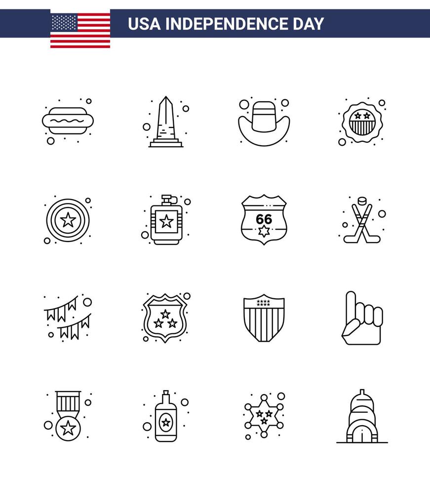 4:e juli USA Lycklig oberoende dag ikon symboler grupp av 16 modern rader av stjärna flagga Washington bricka amerikan redigerbar USA dag vektor design element